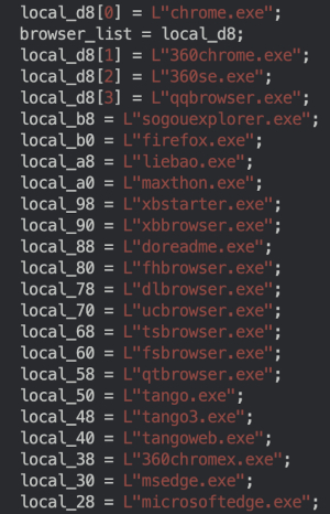 Browser names list within the RedDriver binary.