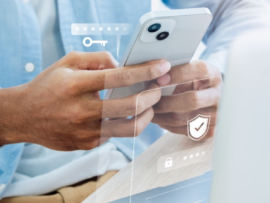 A virtual key icon hovers over phone during login.