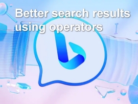 White text "Better search results using operators" over the Bing logo with search icons floating in the background