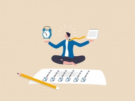 Self discipline or self control to complete work or achieve business target, time management to increase productivity concept, businessman meditate balancing clock and calendar on completed task paper