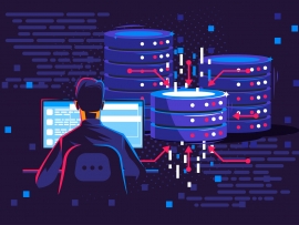 A person types on a computer that is connected to a system of databases.