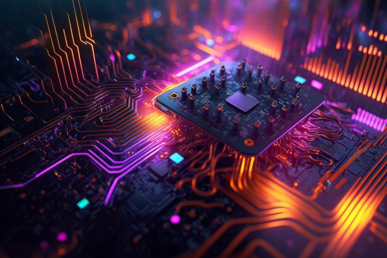 A circuit board lit up with pink light representing generative AI.