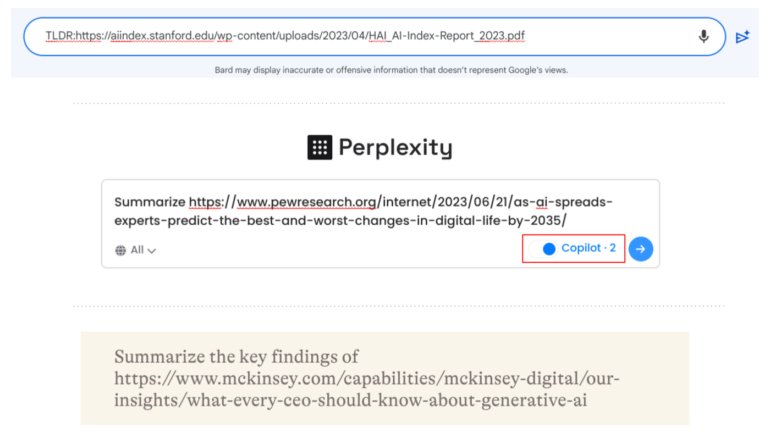 Bard (top), Perplexity (middle) and Pi (bottom) all offer the ability to summarize articles and PDFs on the web, with prompts such as TLDR: (top), Summarize (middle) or Summarize the key findings (bottom).