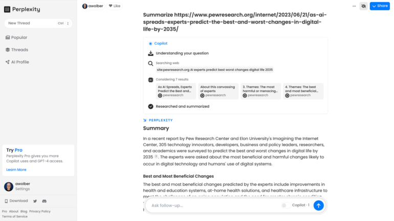 Perplexity summarizes content and cites referenced links, as indicated by the 1 shown here following the phrase "digital life by 2035" in the first paragraph of the Summary response.