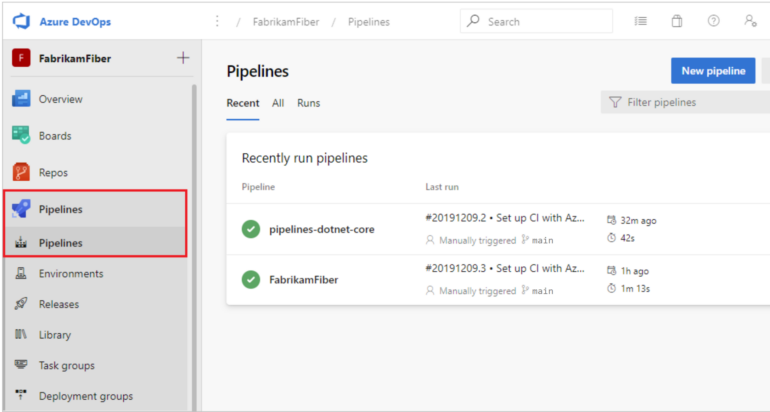Azure Pipelines dashboard.